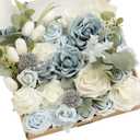 Ling's moment Fake Flowers Box, Faux Artificial Greenery Stems Foam Roses Gardenia Silk Eucalyptus Fabic Flower for Centerpieces Bouquet Wedding Vase Decorations, Dusty Blue & White, Grand Combo