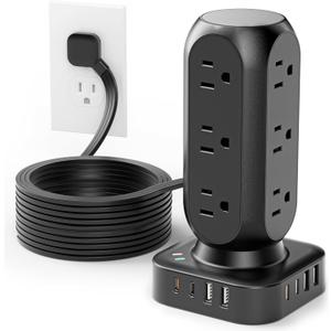 Dual PD 20W Power Strip Tower, TenTrend Surge Protector Power Strip with 12 AC Outlets & 8 USB Ports (4 USB C), 40W Desk Fast Charging Station, 10FT Flat Plug Extension Cord for Desk Office Dorm Room
