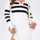 Saodimallsu Womens Striped Sweater Dress V Neck Collared Long Sleeve Slim Fit Ribbed Knit Trendy Mini Dresses (Medium, White)