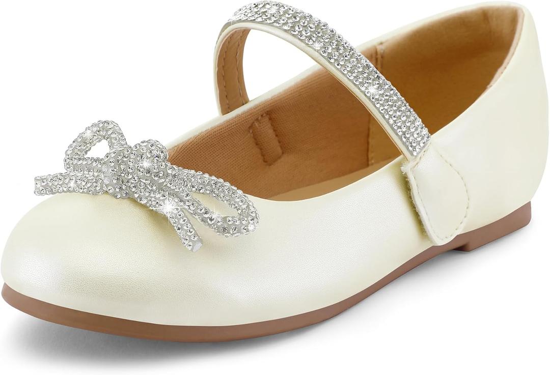 K KomForme Girl's Bow Mary Jane Dress Shoes Ballet Princess Flats with Rhinestone Strap for Party Wedding School, Toddler/Little Kid/Big Kid (Ivory), 2 Big Kid 