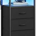 SONGMICS BELLAH Collection - Nightstand with Charging Station and App-Controlled Adjustable LED Lights, Bed Side Table, 3 Drawer and 1 Open Shelf, Bedroom, Ink Black and Ebony Black ULGS303BH01S