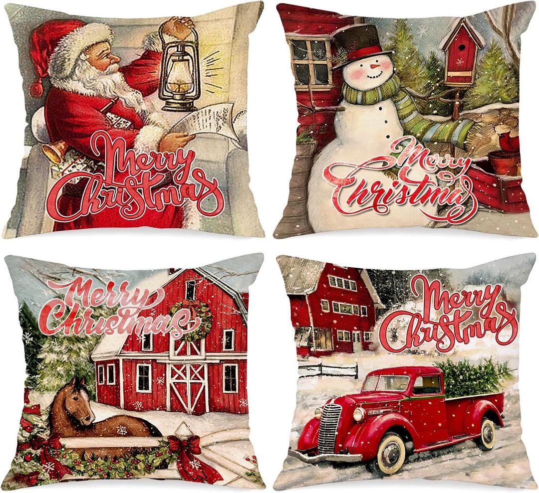 Lanpn Vintage Merry Christmas Throw Pillow Covers 16x16 Set of 4, Decorative 16 inch Retro Xmas Santa Cushion Covers Pillow Cases for Home Bedroom Room Holiday Couch Decor Decorations, Red 