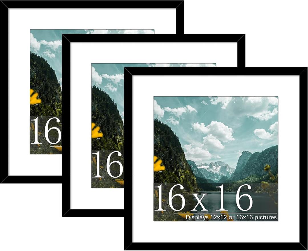 Picrit 16x16 Picture Frame 3 Pack, Black Poster Frame, Display Poster 12 x 12 with Mat or 16 x 16 without Mat for Horizontal or Vertical Wall Mounting