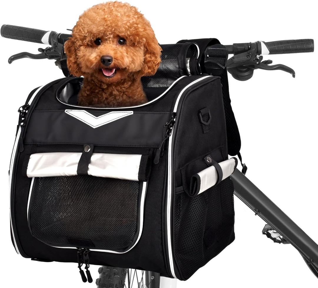 Foldable Dog Bike Basket Carrier Backpack - Large Waterproof Pet Bicycle Basket, Small Dog Cat Kitten Puppy Booster Car Seat With Safety Strap (Black)