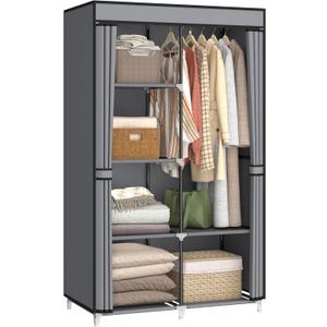 35 Inch Portable Wardrobe Closet for Small Room, Clothing Organizer Storage Rack with Non-Woven Fabric Cover, 1 Clothes Hanging Rod, 6 Storage Shelves, Grey