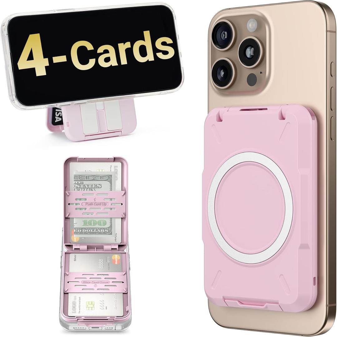 PROfezzion Double Sided Magnetic Phone Wallet, RFID Blocking Snap-on Hard Shell Card Holder 4-Cards Designed for MagSafe Compatible with iPhone 17 16 15 14 13 12 Pro Max & MagSafe Case (0.5" Thick) (Pink)