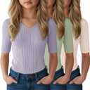3 Pack Girls T Shirts 5-14 Years Tween Summer V Neck Cute Fitted Tops Fashion Trendy Basic Tees for Kids