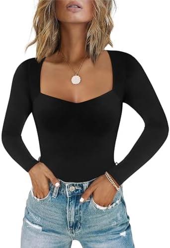 Chunpin Women's Sexy Square Neck Long Sleeve Bodysuit Double Lined Tops Thong Bodysuit, S