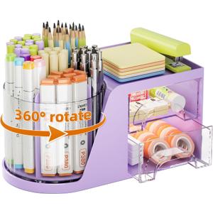 Marbrasse Desk Organizer with 2 Drawer, 360Rotating Pen Holder, Desk Organizers and Accessories with 6 Slots Pencil Holder + 2 Drawer, Art Supply Storage Box Caddy for Office (Purple)