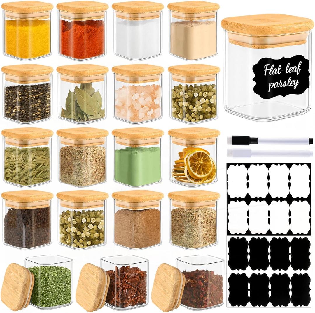 20 Pack 4 oz Square Glass Spice Jars with Lids and Labels  Airtight Small Seasoning Containers Set, Clear Glass Storage Jars for Seasoning, Spices, Kitchen Pantry Organization