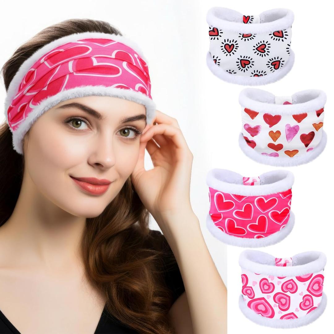 2 x 4 Pcs Valentine's Day Headbands for Women Love Heart Headbands Soft Plush Wide Knotted Elastic Hairband Valentines Hair Accessories Gifts for Women Valentines Party Yoga Running Workout