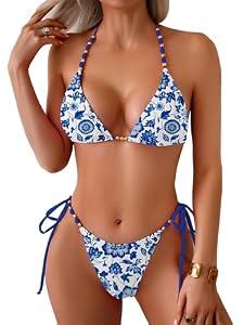 swimall Women's Thong Bikini Set Sexy String High Cut Triangle Swimsuit Two Piece Brazilian Bathing Suit - 505 - Blue White Floral - Medium