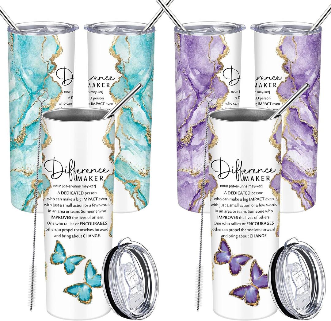 Geiserailie 2 Pcs Employee Appreciation Gifts for Women 20oz Marble Tumbler Cups Difference Maker Thank You Gifts for Volunteer Nurse Teacher Graduation (Purple and Blue)