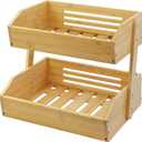 Fruit Basket Stand, 2 Tier Fruit Basket for Kitchen Counter, Produce Basket for Fruit and Vegetable Storage, Bamboo Basket Fruit Bowl Display Rack, Fruit Holder Snack Organizer, Natural