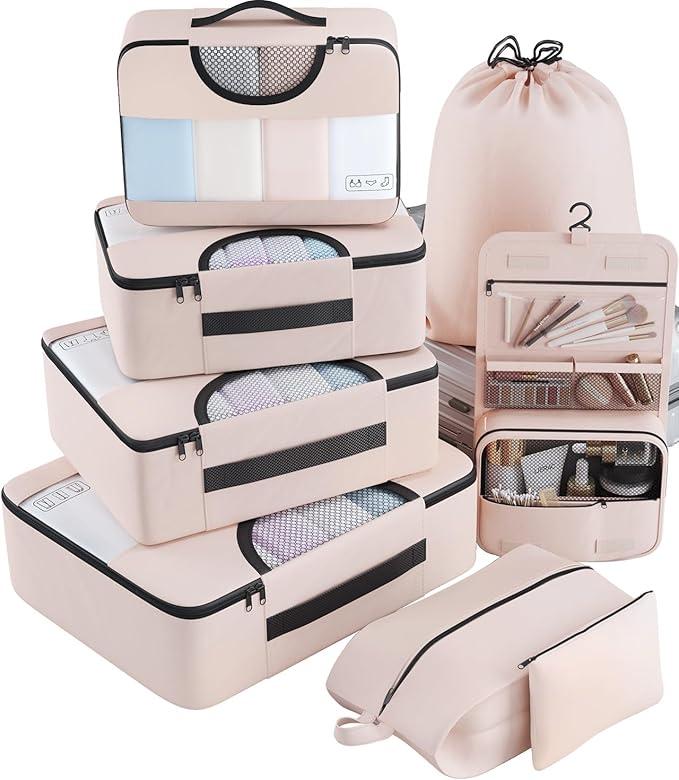 Veken 8 Set Packing Cubes, Travel Gifts for Women Mom, Carry on Suitcase Organizer Bags with Hanging Toiletry Bag and Large Laundry Bag, Travel Essentials Luggage Accessories for Cruise Ship (Dutch Cream and Black)