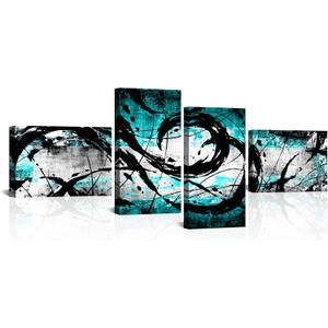 KREATIVE ARTS 4 Panel Turquoise Decor for Living Room Large Size Teal Wall Art Blue Grey Black Wall Decoration Canvas Print Modern Abstract Painting L68xH32inch (Blue)