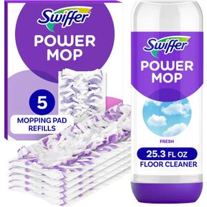 Swiffer Power Mop Refill Pack, Floor Cleaner for Mopping Tile, Vinyl, Laminate, Wood in Home, Bathroom, Kitchen, All Purpose Multi-Surface Cleaning, 5 Pads + 1 Lavender Solution
