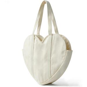 CosInStyle Cute Heart Shaped Canvas Tote Bag for Women, Daily Reusable Shoulder Grocery Shopping Bag with Pocket & Buckle | Heart tote Bag (Beige)