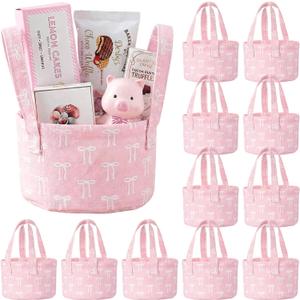 Zhehao 12 Pcs Small Pink Bow Gift Bags, 4.7"x2.9" Mini Baby Shower Candy Basket with Handle Fillable Pink Baby Shower Favors for Guests and Table Centerpieces Candy Party Supply