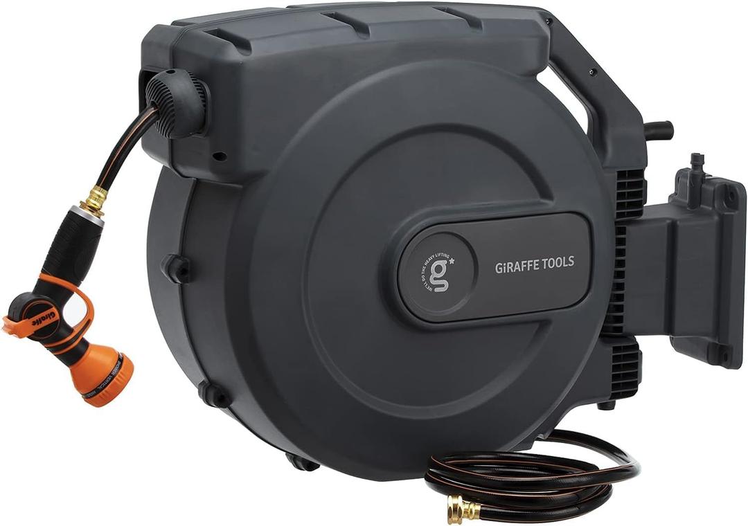 Giraffe Tools Retractable Garden Hose Reel 1/2"155FT Auto Rewind
Any Length Lock,Auto Rewind System, Wall Mount,180° Swivel Bracket,Heavy Duty Hybrid Hose,Easy to Assemble,7 Spray Patterns