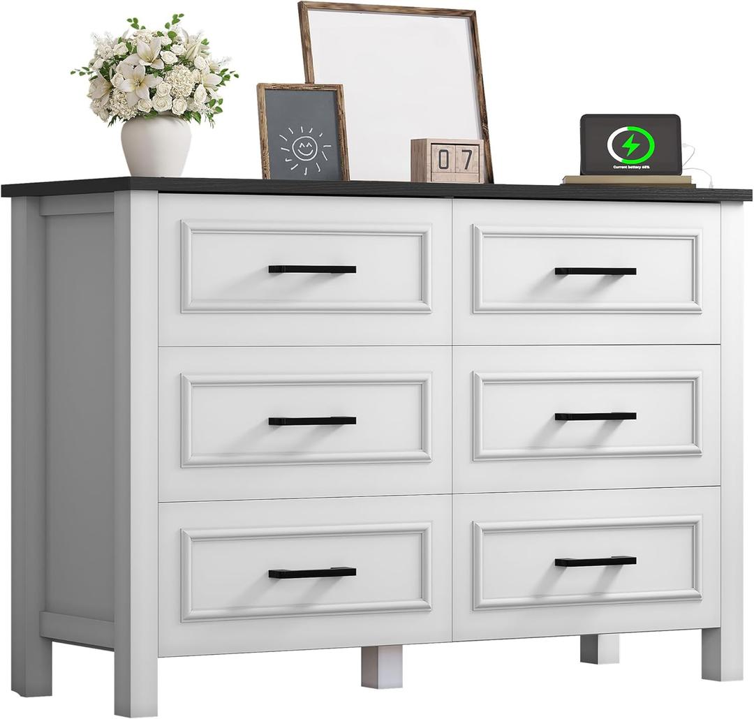 YITAHOME 6-Drawer Dresser with Built-in Power Outlet, Wood TV Stand with 6 Large Drawers & Bar Handles, Dresser Chest of Drawers for Entryway Living Room Hallway, White & Black