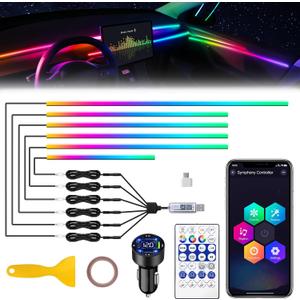 Dreamcolor Acrylic Interior Car LED Strip Light with USB/Type C/4-Port Cigarette Lighter,RGB 6 in 1 with 187 inches 650 LEDs Ambient Lighting Kits, Sound Active Function Neon Led Strips for Car