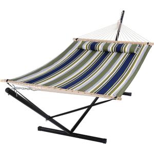 SUNCREAT Double Hammock, Extra Large Quilted Fabric Swing with Hardwood Spreader Bars & Detachable Pillow, Heavy Duty, Perfect for Indoor/Outdoor Patio, Deck, Yard, Blue&Aqua