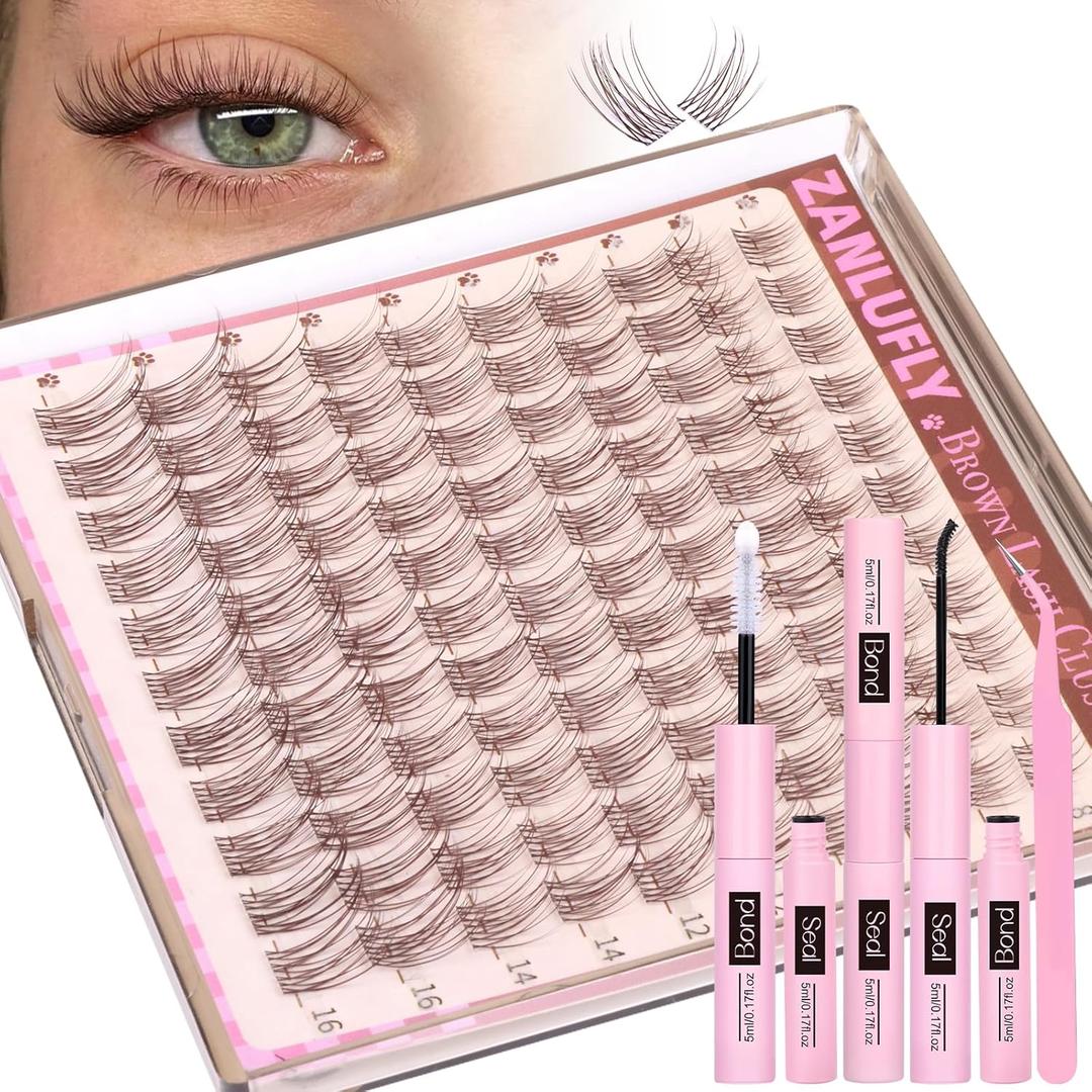 Brown Lash Clusters Kit Natural Dark Brown Eyelash Clusters Wispy Lash Extension Kit Brown Cluster Eyelash Extensions Kit 8-16MM DIY Individual Lashes with Lash Bond and Seal Tweezers by ZANLUFLY