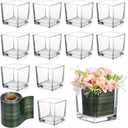 12 Pcs Square Glass Vases 4.7 x 4.7 Inch and 2 Rolls 4.3 Inch x 30 Yards Leaf Floral Ribbon Clear Glass Cube Vase Square Flower Vases Centerpieces Candle Holders for Home Table Wedding Events
