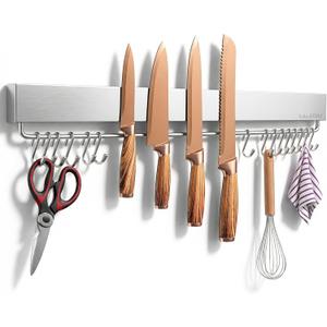 23 Inch Magnetic Knife Holder for Wall - Magnetic Knife Strip with Strong Magnets, Stainless Steel Magnetic Knife Bar with 15 Hooks/Adhesive Tape/Screws, Wall Mounted Knife Storage for Kitchen