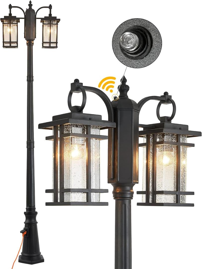 Retro Double Head Outdoor Post Light Dusk to Dawn Post Lamp with Outlet IP65 Waterproof Street Light Fixture 2 Light Outdoor Lamp Post Lights Pole Mount Light with Clear Seeded Glass 86.6" H