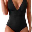 Eomenie Women's One Piece Swimsuit Tummy Control Bathing Suit V Neck Slimming 1 Piece Swimwear, Medium