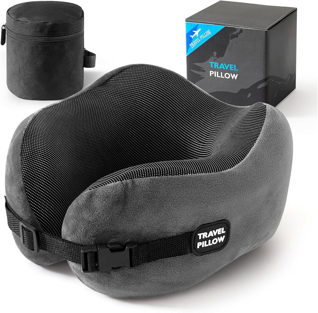 Neck Pillow Travel Pillow - 100% Pure Memory Foam Airplane Pillow with Adjustable Clasp & Removable Cover, Portable Travel Essentials for Long Flights, Car & Office (Dark Gray)