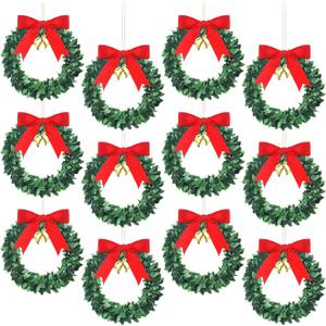 Syhood 12 Pcs Mini Christmas Wreaths with Gold Bells Small Kitchen Xmas Decor Christmas Pine Cabinet Wreaths for Window Door Holiday Indoor Home Decor(Red Bow,5.9 Inch)