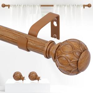 TANGWIN Wood Boho Curtain Rods for Windows:36-88Inch Wooden Farmhouse Curtain Rod for Bedroom Living Room,Heavy Duty Adjustable Rustic Decorative Drapery Rods with Vintage Imitation Wood Finial,Brown