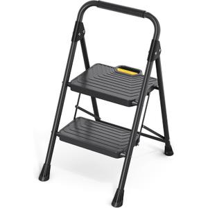 KINGRACK 2 Step Ladder, Sturdy Steel Step Stool with Anti-Slip Wide Pedals, Handrail, Safe-Lock Design, Pass 800lbs Load Testing, Folding Portable Ladder for Multi-Purpose, Home, Kitchen, Black