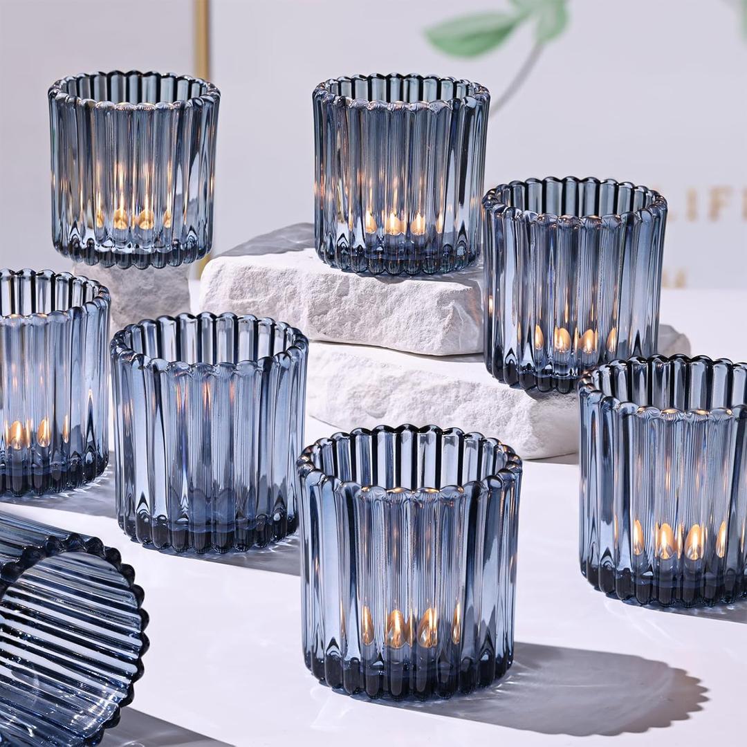 8pcs Large Blue Votive Candle Holders, 2.95"2.95" Ribbed Blue Candle Holders, Votive Candle Holder for Wedding Decor, Bridal Shower Decorations, Table Centerpiece