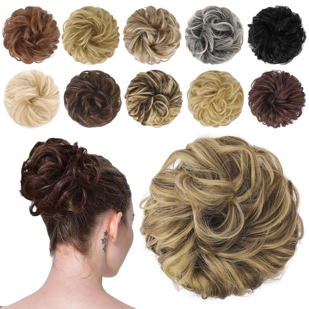 FESHFEN Messy Bun Hair Piece - Wavy Synthetic Chignon Scrunchies for Instant Volume, Elastic Bun Ponytail Hair Extensions Thick Hairpieces for Women, Ash Brown & Blonde 1.50 oz (Medium)