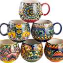 Henten Home Ceramic Coffee Mug Set of 6, 20 oz Colorful Coffee Cup with Handle, Boho Porcelian Mug for Cappuccino, Latte, Tea, Hot Chocolate, Cocoa, Microwave & Dishwasher Safe