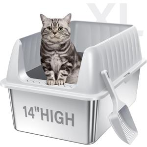 Stainless Steel Litter Box with Lid, Extra Large Metal Litter Box Pan with Scoop for Cats High Sided, Non-Sticky, Anti-Urine Leakage, Easy Cleaning (23.6"x16"x14", Light Grey)