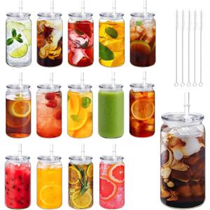 14 Pack Acrylic Mason Jars with Lids and Straws 16 oz Iced Coffee Tumbler Water Bottles Plastic Drinking Cups for Milk Juice Beverage Beer (Clear)