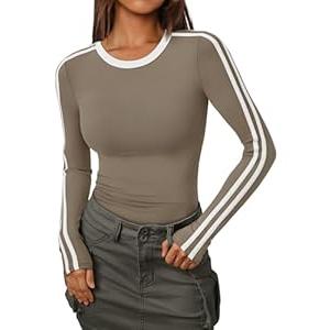 Trendy Queen Long Sleeve Workout Tops for Women Y2K Fitted Athletic Gym Shirt Trendy Color Block 2025 Fall Outfits Coffee L