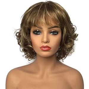 Wiginway Women Wigs Short Curly Brown Hair Wig Bangs Natural Full Synthetic Wig 6 Inches