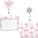 Id Badge Holder Horizontal with Pink Bow Badge Reel, Pink Bow Id Card Holder with Retractable Badge Clip, Cute Horizontal Name Tag Holders for Nurse Doctor Teacher Student