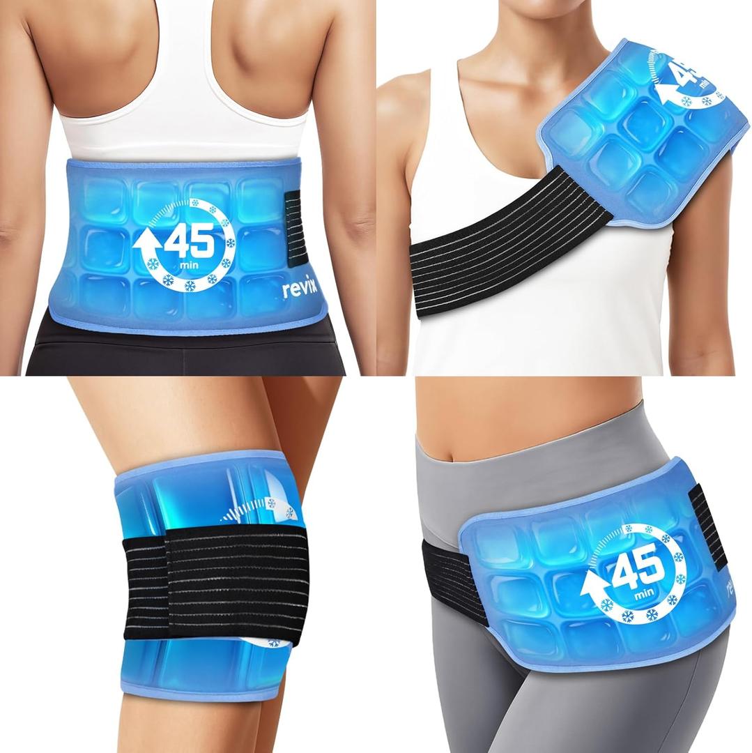 REVIX Ice Pack for Injuries Reusable (14  7") with Elastic Strap, 45-Minute Long-Lasting Gel Cold Pack for Knee, Shoulder, Back with Ice Grid Gel Design, Reusable Ice Wrap, Universal Use for Arm, Hip