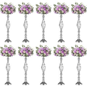 Set of 10 Versatile Silver Flower Arrangement Stand, Pillar Candle Holder Set for Wedding Party Dinner Centerpiece Event Restaurant Hotel Decoration (Silver, 10 x L)