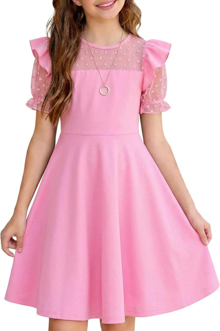 NEW 6-14 Years Girls Dress Mesh Polka Dot Ruffle Sleeve A-Line Party Skater Dress Wedding Guest Graduation Formal (Pink), 13-14Y