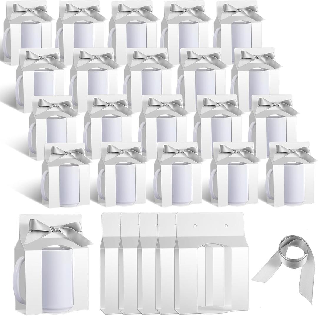 Kosiz 36 Pcs Mug Boxes Sublimation Coffee Mugs Gift Bags with Window Packaging Storage Box for Shipping Selling Mother's Day Graduation Gift Packaging Wrapping(for 15oz Mug,White, Silver)