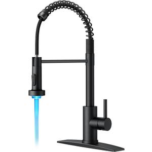 FORIOUS LED Kitchen Faucet with Pull Down Sprayer Black, Modern Single Handle Stainless Steel Commercial Spring Sink Faucet with LED Light for Pot Filler, Farmhouse Camper Bar Laundry Room