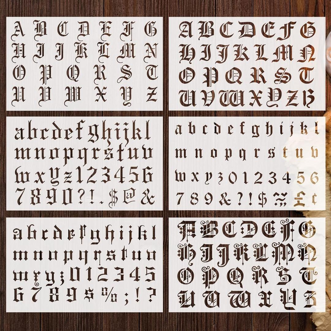 Outus 8 Pieces Letter Stencils Old English Reusable Plastic Calligraphy Letter Numerals Craft Stencils Gothic Font Alphabet Number Templates for Writing Drawing Painting DIY Crafts Scrapbook Journal